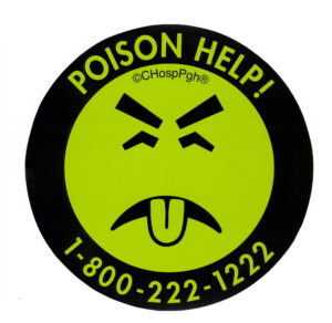 A green cartoon named Mr. Yuk frowns and sticks his tongue out.